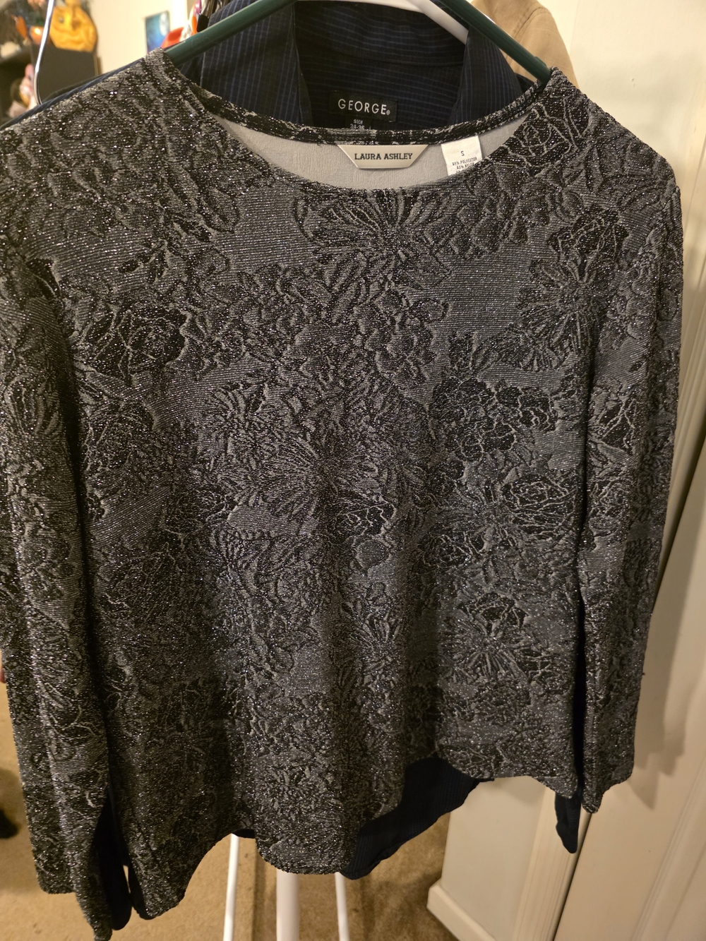 Laura Ashley Shimmery Black Floral-Texture Long Sleeve Top